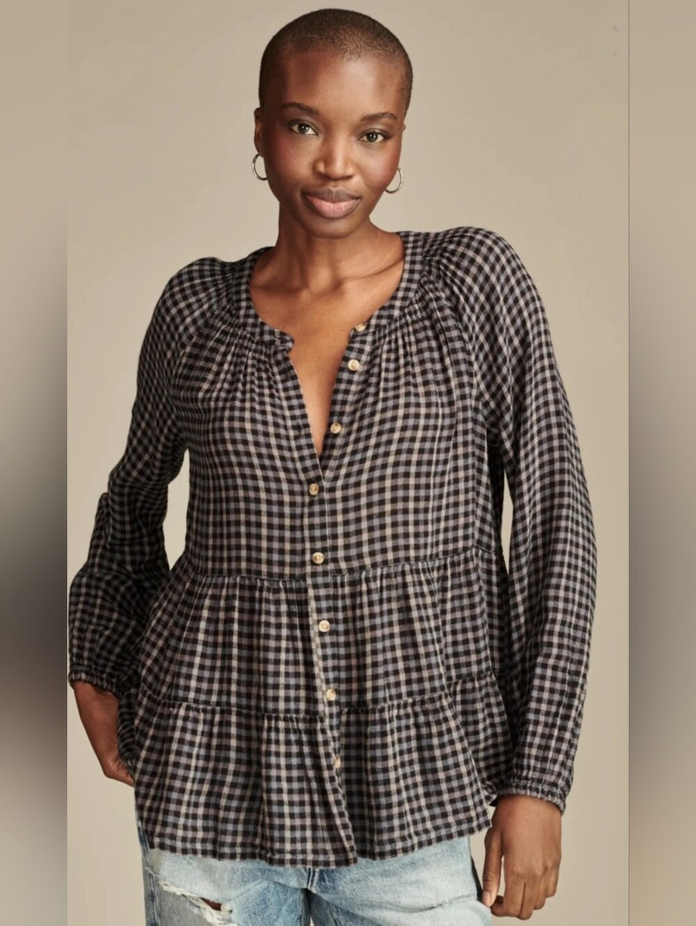 Lucky Brand Babydoll Tiered Peplum Smock Peasant Boho Tunic Blouse